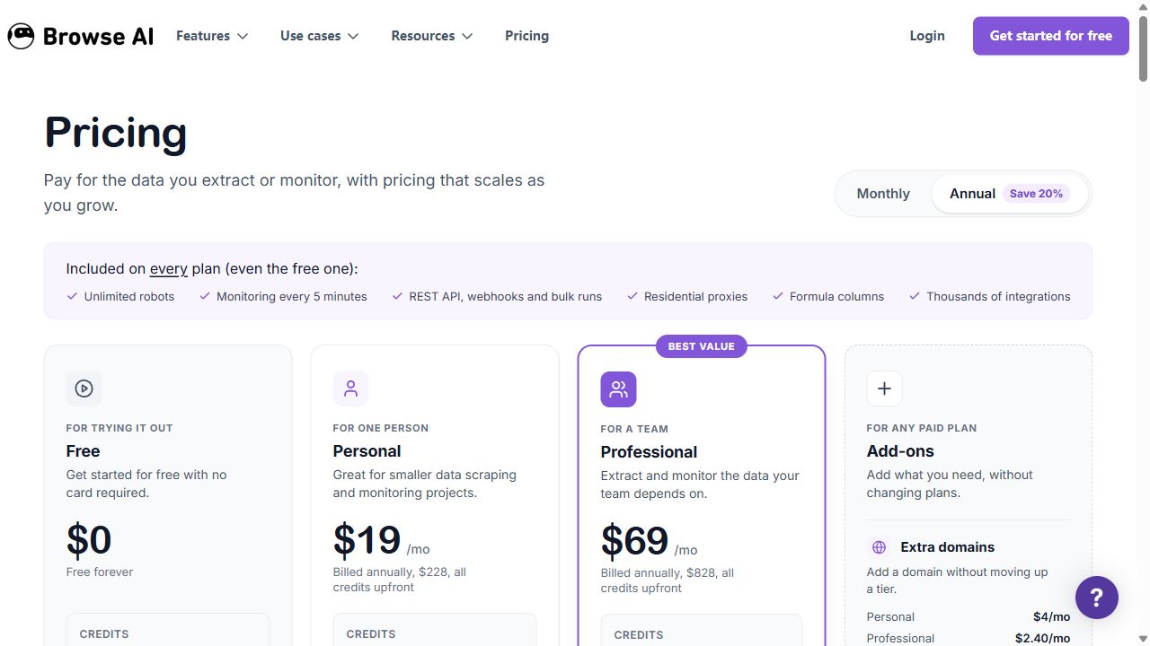 Browse AI official pricing showing Free, Personal, Professional, and annual billing