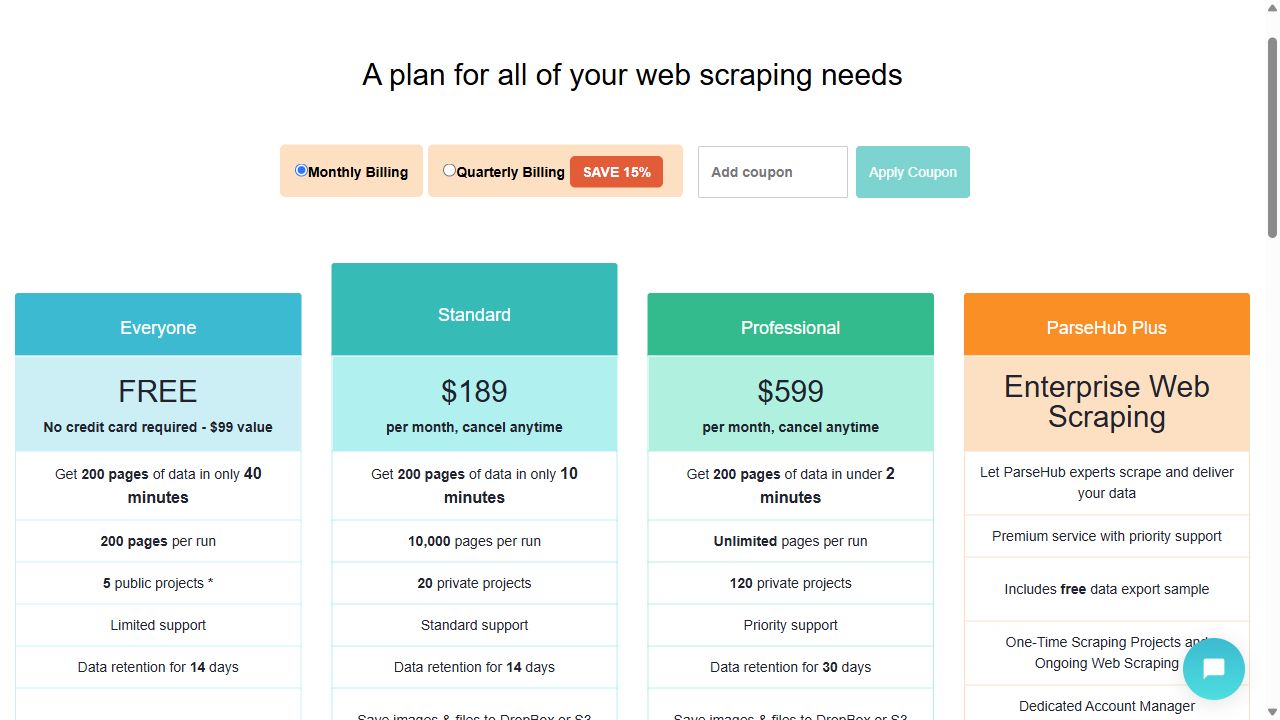 ParseHub official monthly pricing comparing free public projects and paid private projects